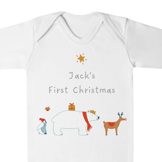 'My First Christmas' Winter Animals Romper - Personalised Baby Grow - Christmas Pyjamas