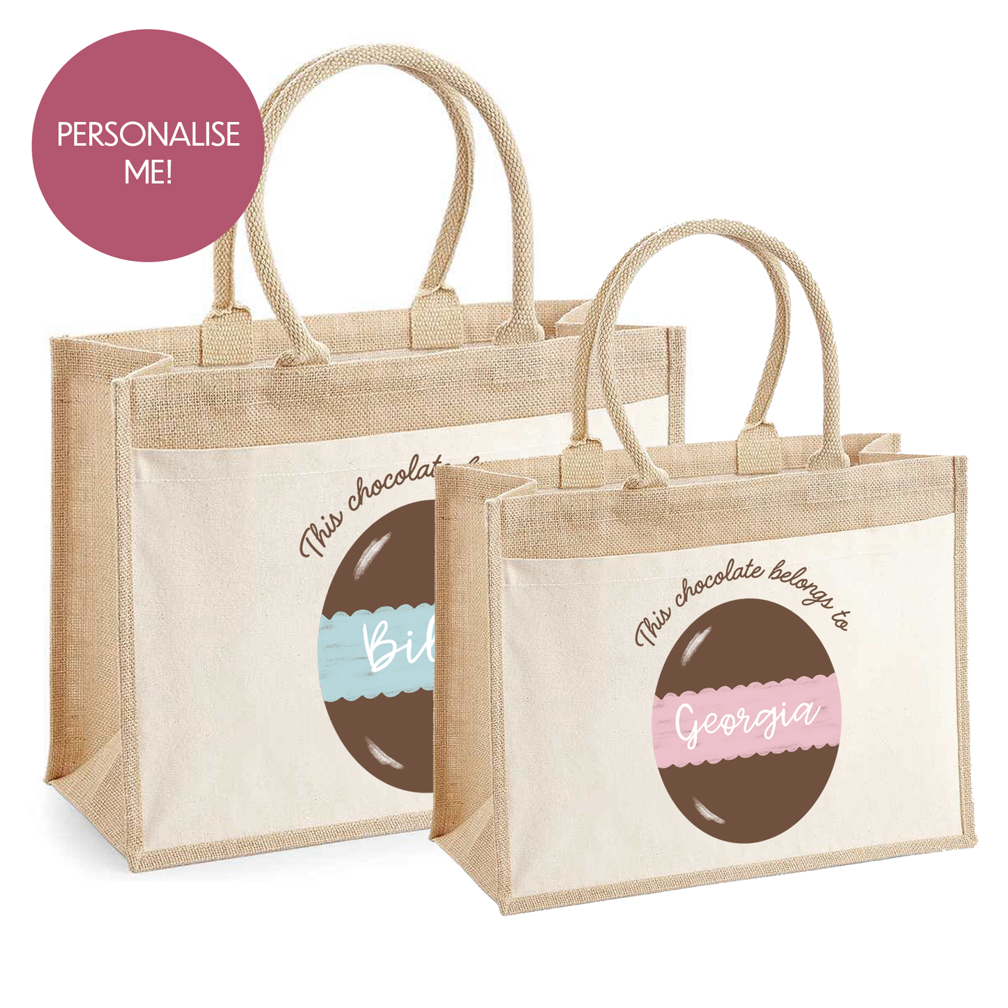 Personalised Hessian Easter Bag - Adults & Kids Easter Egg Hunt Bags - Chocolate Egg Design