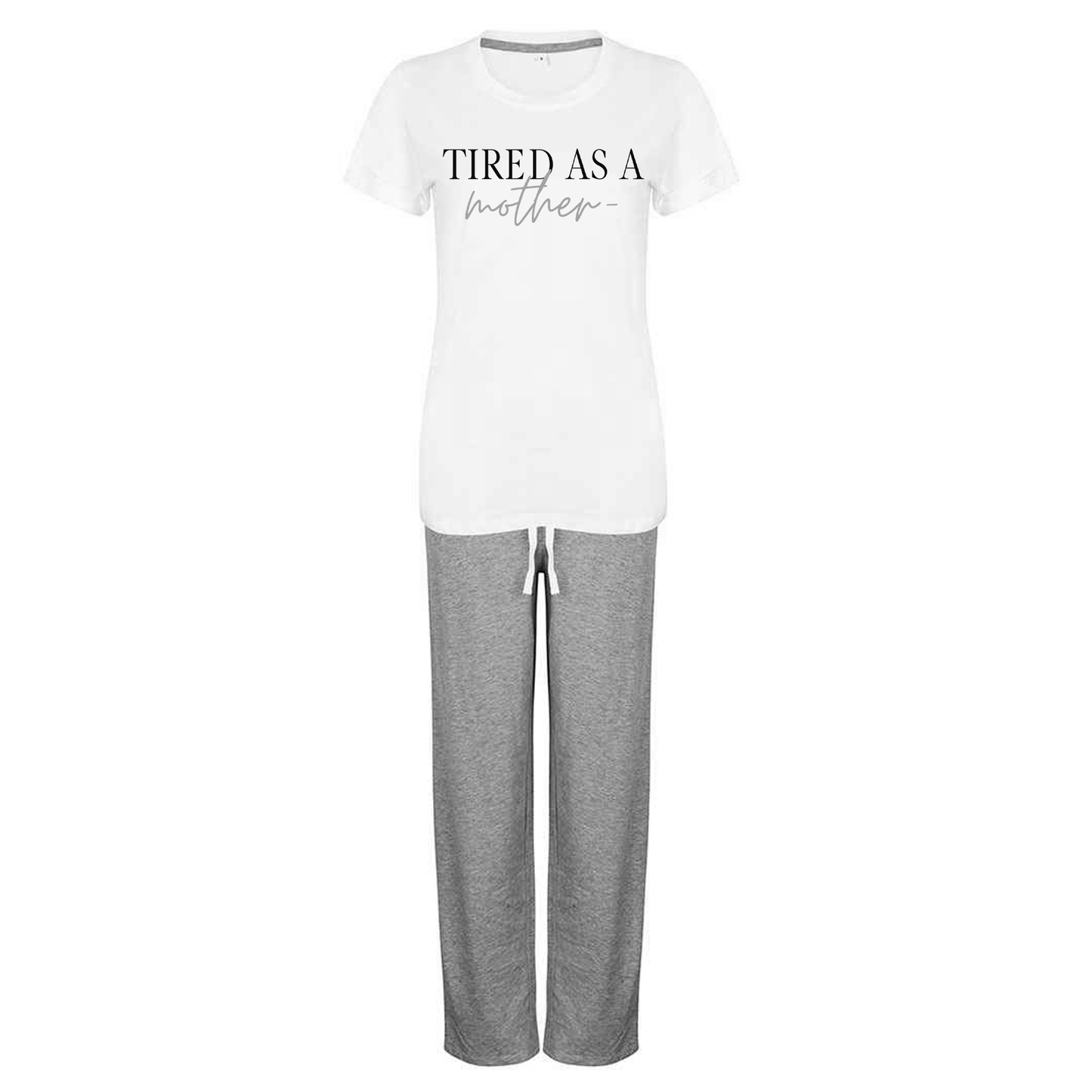 Personalised Cotton Pyjama Set with Travel Bag - Short Sleeve - Long Trousers - Tired Mother Design