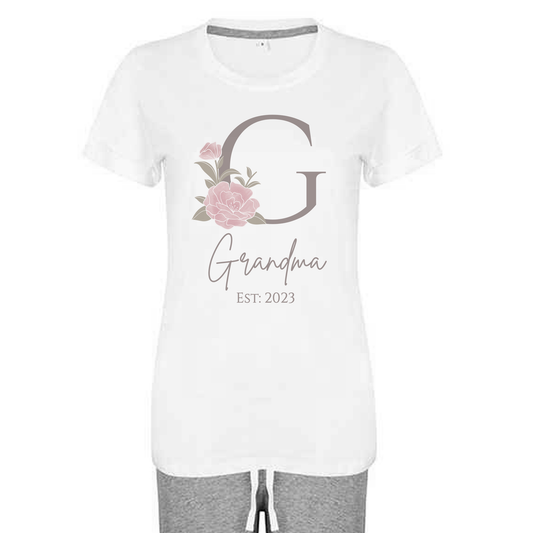 Personalised Cotton Pyjama Set with Travel Bag - Short Sleeve - Long Trousers - Floral Date Design