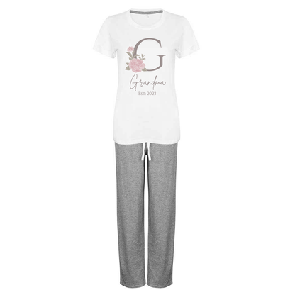 Personalised Cotton Pyjama Set with Travel Bag - Short Sleeve - Long Trousers - Floral Date Design