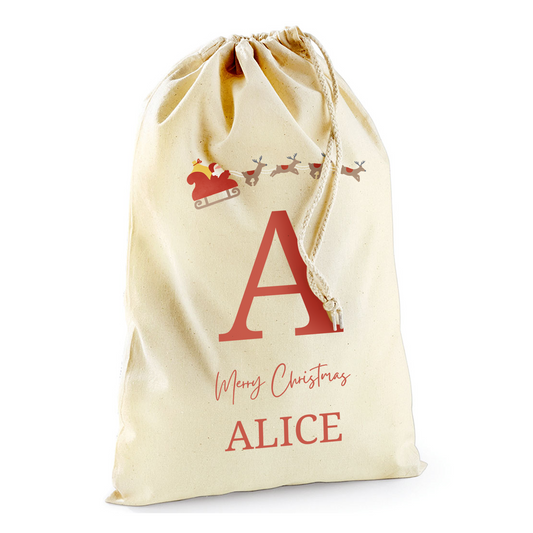 Custom Sleigh Ride Name Initials Bag-Christmas Sack Personalised-Drawstring bag -Holiday Sack-Christmas Gift Bag With Name-Large Sack-Holiday Kid Gifts