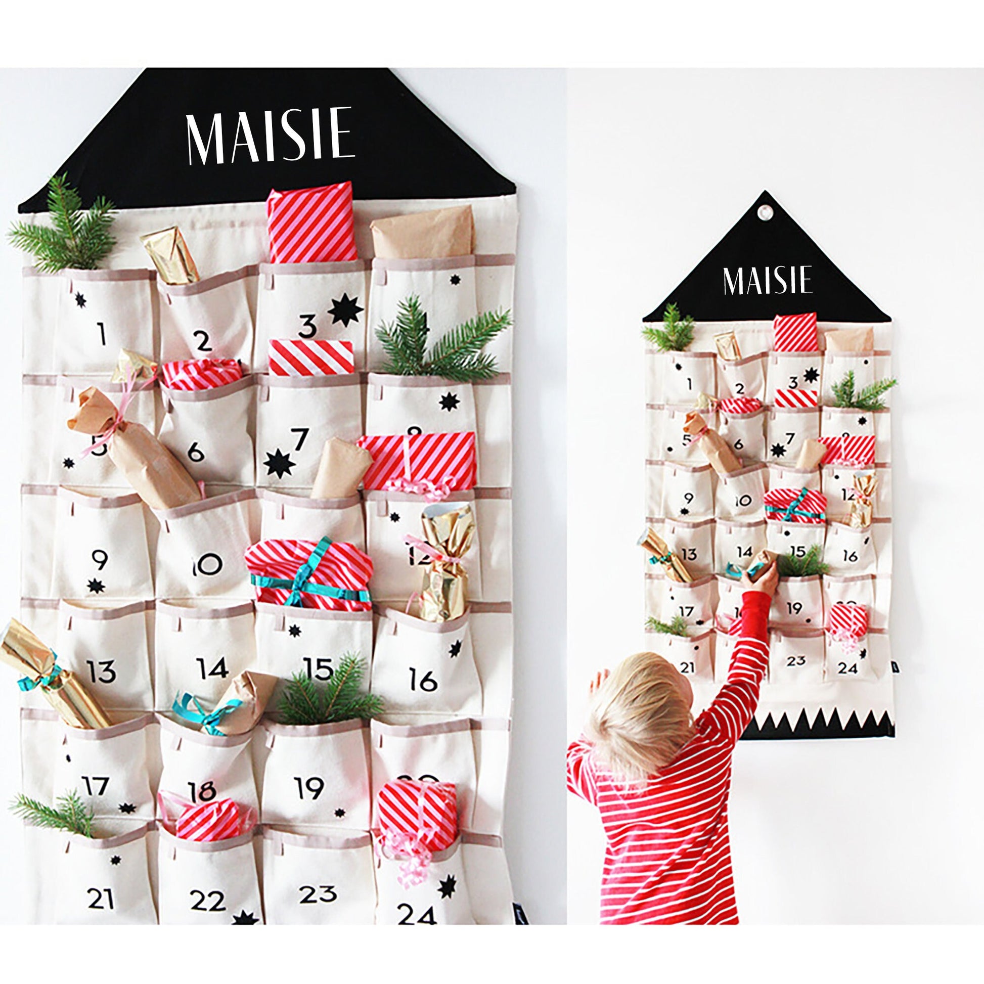 Personalised Fabric Christmas Advent Calendar Wall Hanging Reusable Xmas Christmas Countdown with 24 Pocket