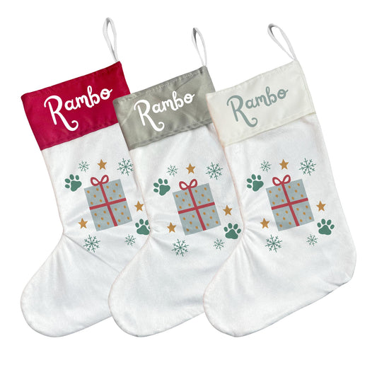 Personalised Pet Christmas Stocking with Paw Prints & Gift Design