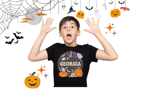 Spooky Halloween T-Shirt with Pumpkins, Spiders, Cat, Ghost & Bats personalised with any name